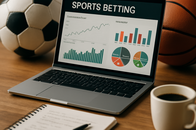 A professional workspace illustrating the concept of data analytics in sports betting with a